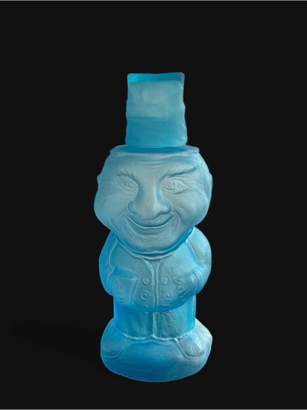 Vintage 70’s Jolly Mountaineer blue satin frosted glass decanter Indiana Glass